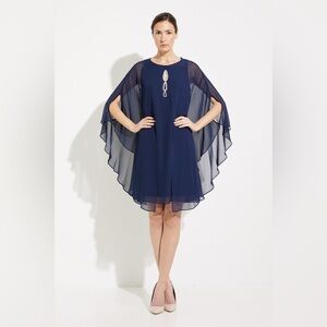 NWT SLNY Navy Embellished Shift Dress w/ Removable Chiffon Cape Women's size 12